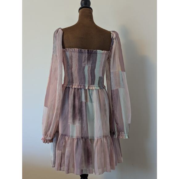Aritzia Wilfred Tempest Chiffon Semi Sheer Smocked Mini Dress in Pastel Print M - Picture 3 of 6